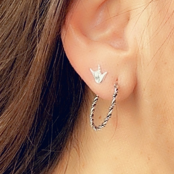 Sterling Silver I Love You ASL Sign Simple Stud Earrings - Picture 11 of 14